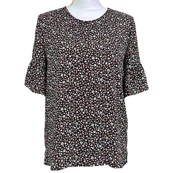 LOFT Black Floral Top with Bell Short Sleeves Size S LIKE NEW - Picture 2 of 10